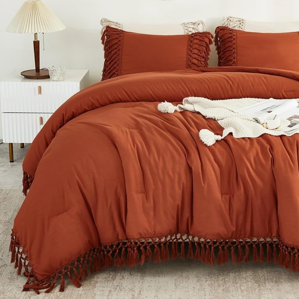 Burnt Orange Boho Tassel Trim King Size Bed Comforter Shams Rust Bedding Set New